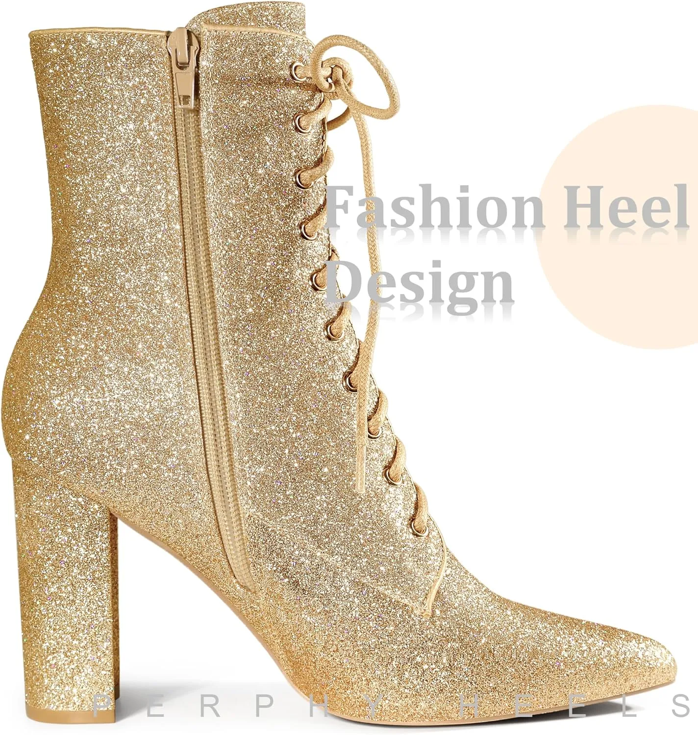 Perphy Glitter Sequin Boot Lace Up Pointed Toe Block Heel Glitter Ankle Boots for Women