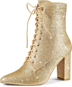 Perphy Glitter Sequin Boot Lace Up Pointed Toe Block Heel Glitter Ankle Boots for Women