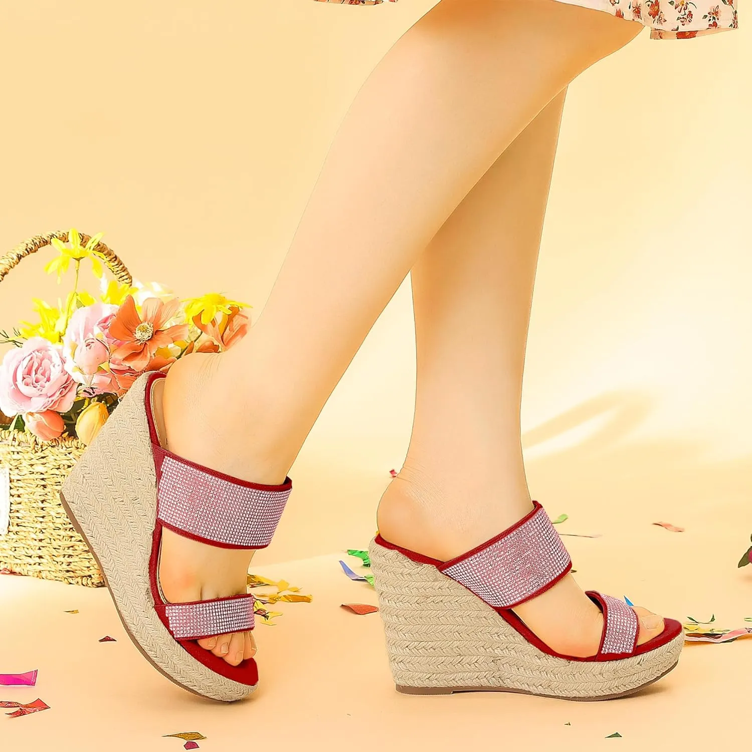 Perphy Platform Rhinestones Dual Strap Espadrille Wedge Sandals for Women