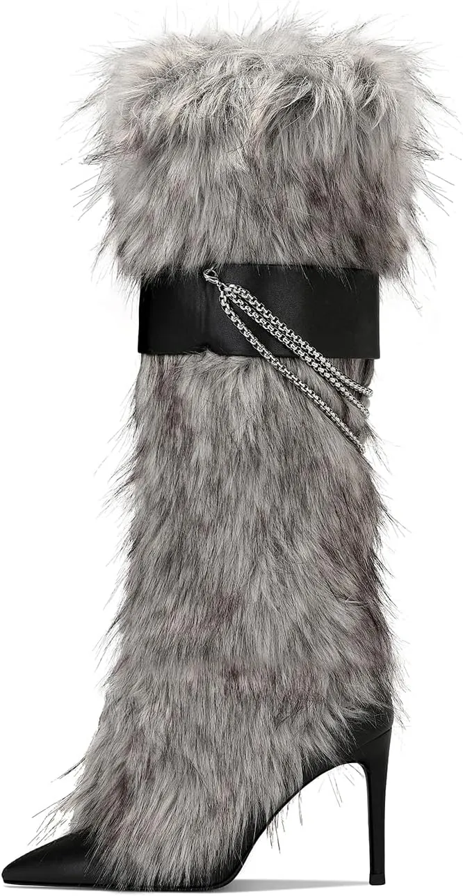 Pink Fluffy Boots for Women Knee High Wide Calf with Heel Fluffy Sexy Womens Snow Boots Fashion Winter Warm Women Boots Elegantes Dress Boot Shoes