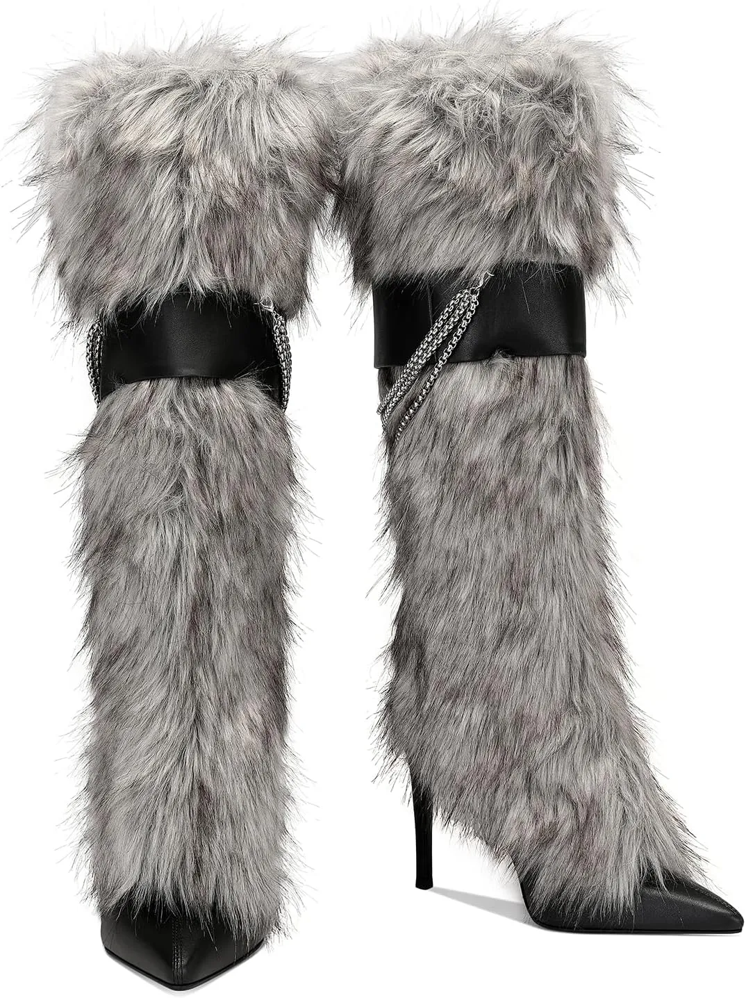 Pink Fluffy Boots for Women Knee High Wide Calf with Heel Fluffy Sexy Womens Snow Boots Fashion Winter Warm Women Boots Elegantes Dress Boot Shoes