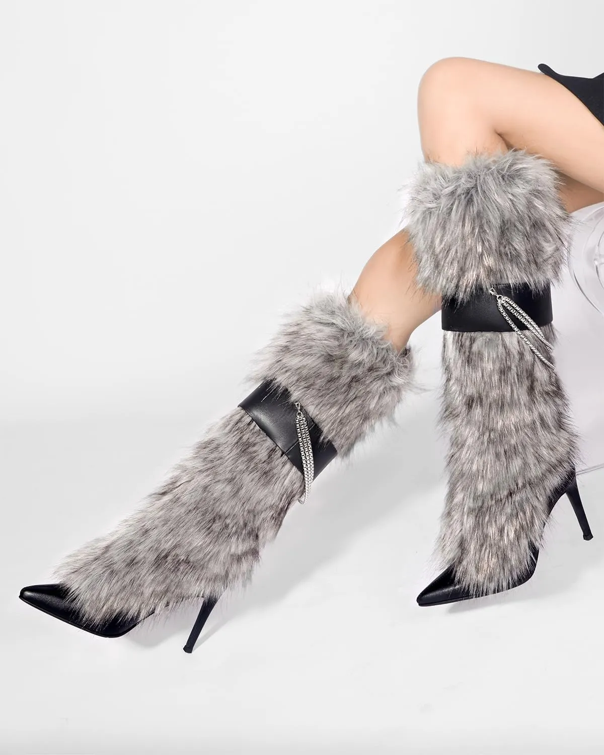 Pink Fluffy Boots for Women Knee High Wide Calf with Heel Fluffy Sexy Womens Snow Boots Fashion Winter Warm Women Boots Elegantes Dress Boot Shoes