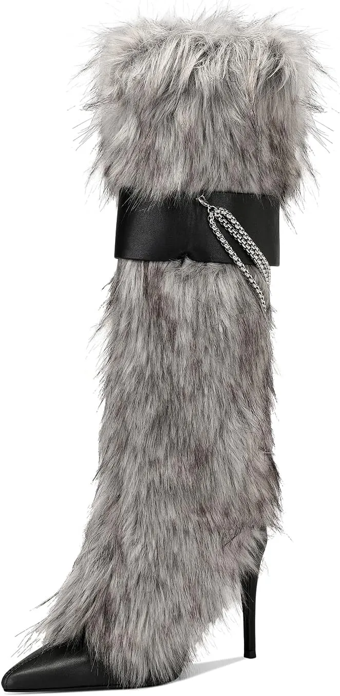 Pink Fluffy Boots for Women Knee High Wide Calf with Heel Fluffy Sexy Womens Snow Boots Fashion Winter Warm Women Boots Elegantes Dress Boot Shoes