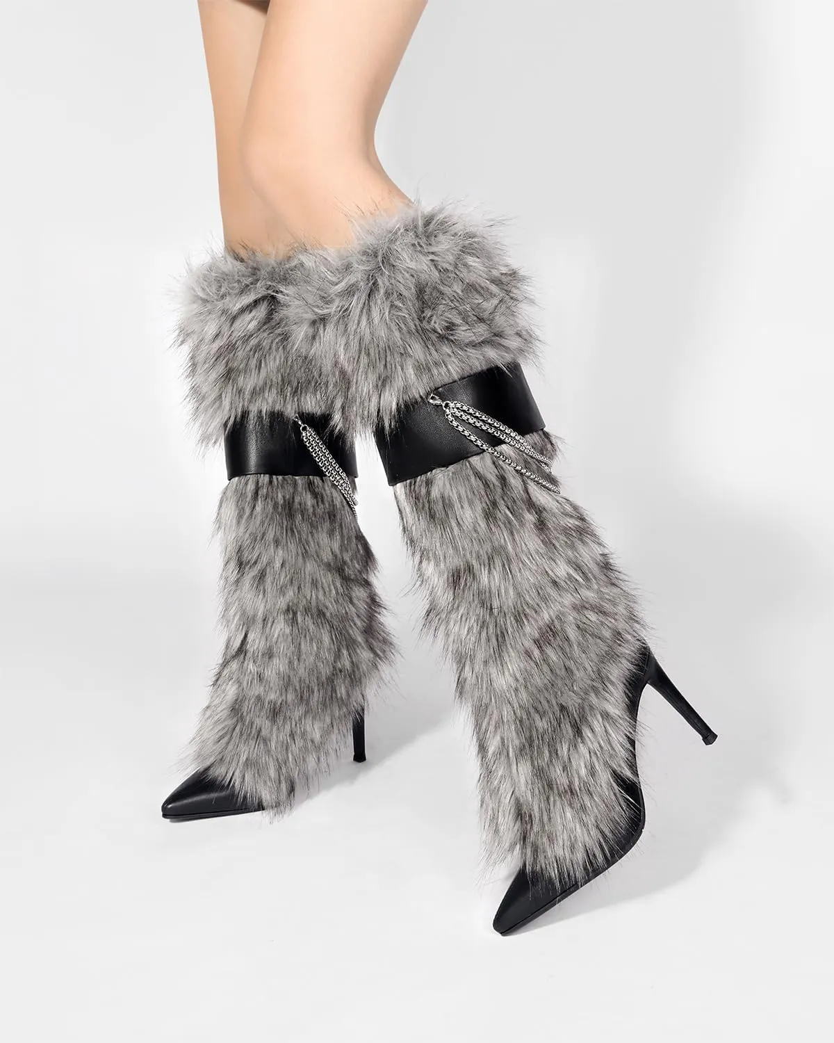 Pink Fluffy Boots for Women Knee High Wide Calf with Heel Fluffy Sexy Womens Snow Boots Fashion Winter Warm Women Boots Elegantes Dress Boot Shoes