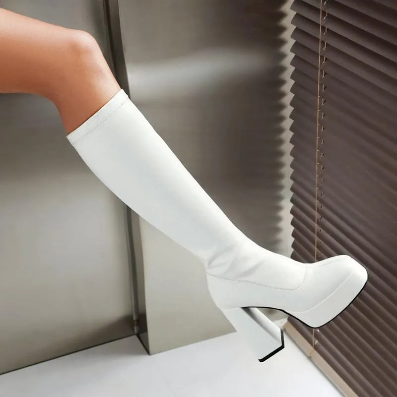 Platform Knee High Boots for Women Go Go Boots for Women with High Chunky Heel Stretchy Square Toe Chunky Block Heeled Boots Crocodile Boots for Dress Boots