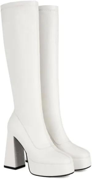 Platform Knee High Boots for Women Go Go Boots for Women with High Chunky Heel Stretchy Square Toe Chunky Block Heeled Boots Crocodile Boots for Dress Boots