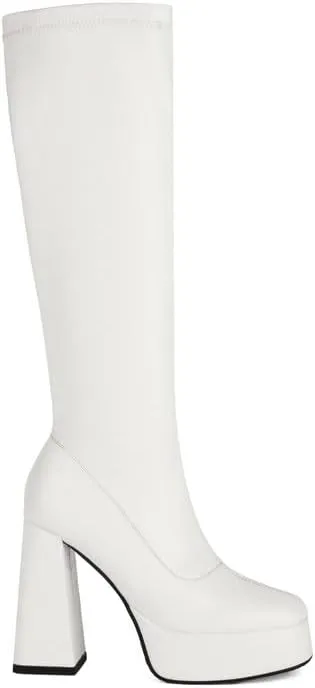 Platform Knee High Boots for Women Go Go Boots for Women with High Chunky Heel Stretchy Square Toe Chunky Block Heeled Boots Crocodile Boots for Dress Boots