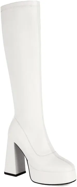 Platform Knee High Boots for Women Go Go Boots for Women with High Chunky Heel Stretchy Square Toe Chunky Block Heeled Boots Crocodile Boots for Dress Boots