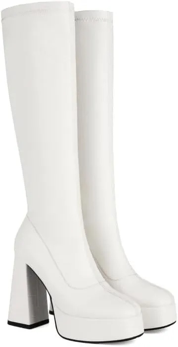 Platform Knee High Boots for Women Go Go Boots for Women with High Chunky Heel Stretchy Square Toe Chunky Block Heeled Boots Crocodile Boots for Dress Boots