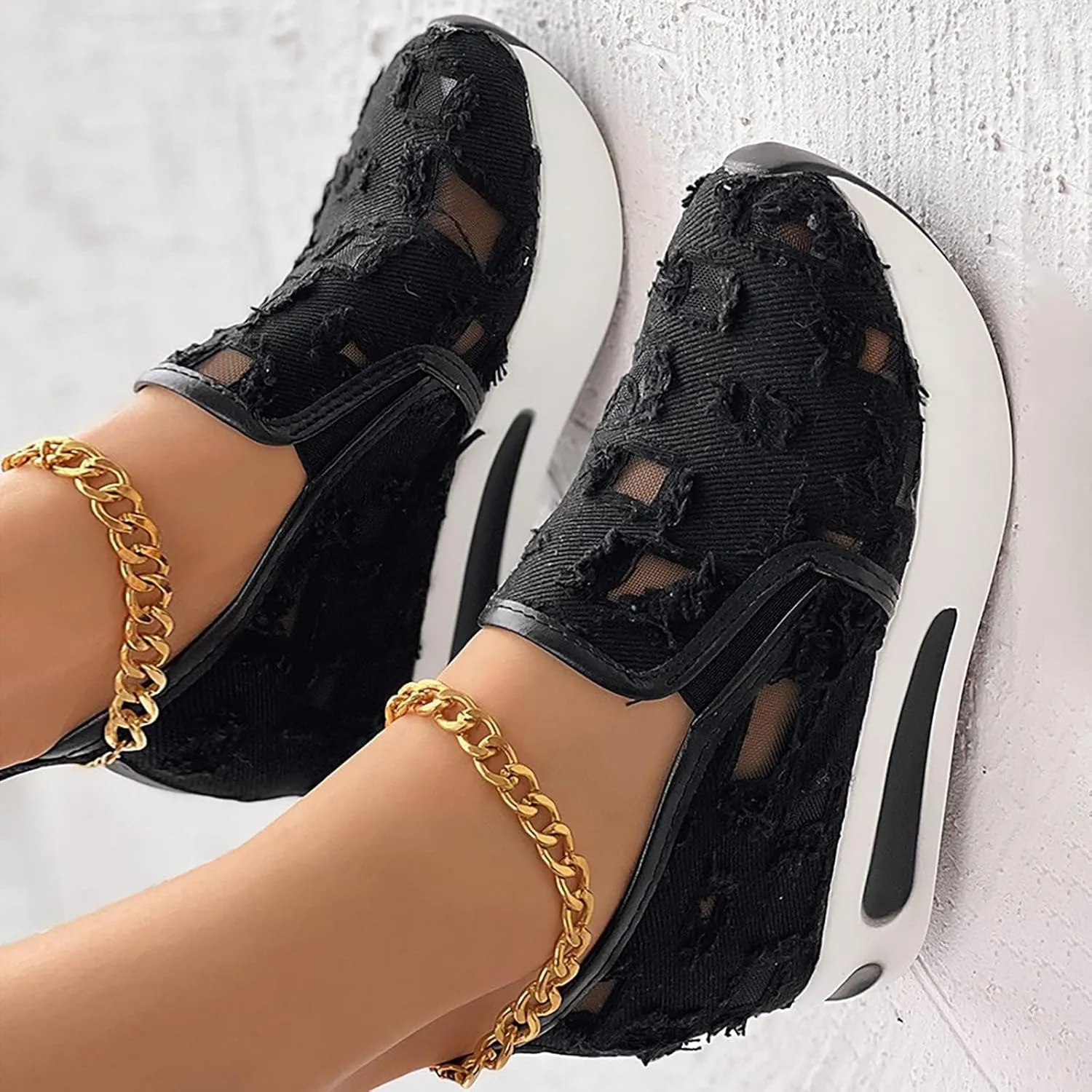 Platform Wedge Sneakers for Women Floral Embroidery Tennis Shoes Sheer Mesh High Heel Slip on Loafers Breathable Chunky Sole Sneaker Dressy Casual Shoes Comfortable Walking Shoe