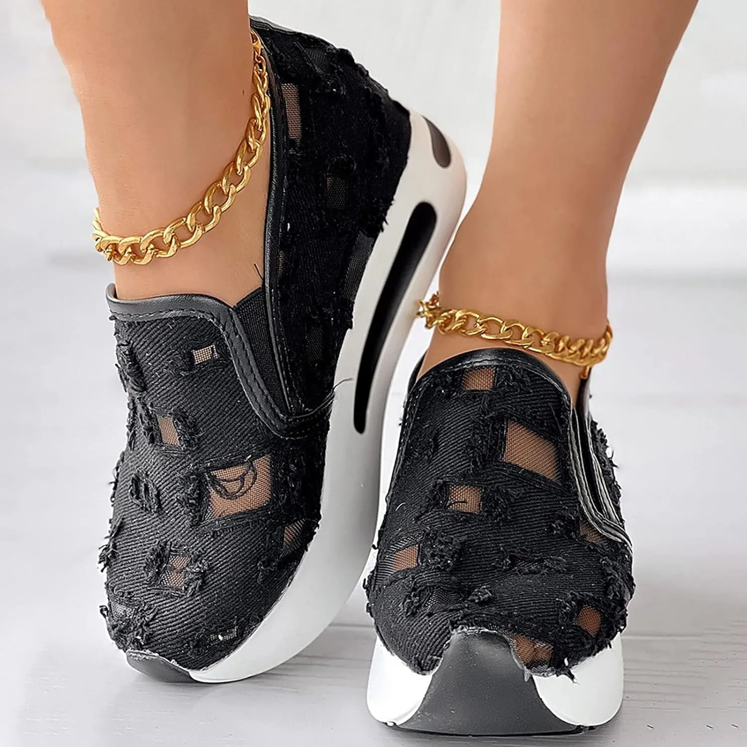 Platform Wedge Sneakers for Women Floral Embroidery Tennis Shoes Sheer Mesh High Heel Slip on Loafers Breathable Chunky Sole Sneaker Dressy Casual Shoes Comfortable Walking Shoe
