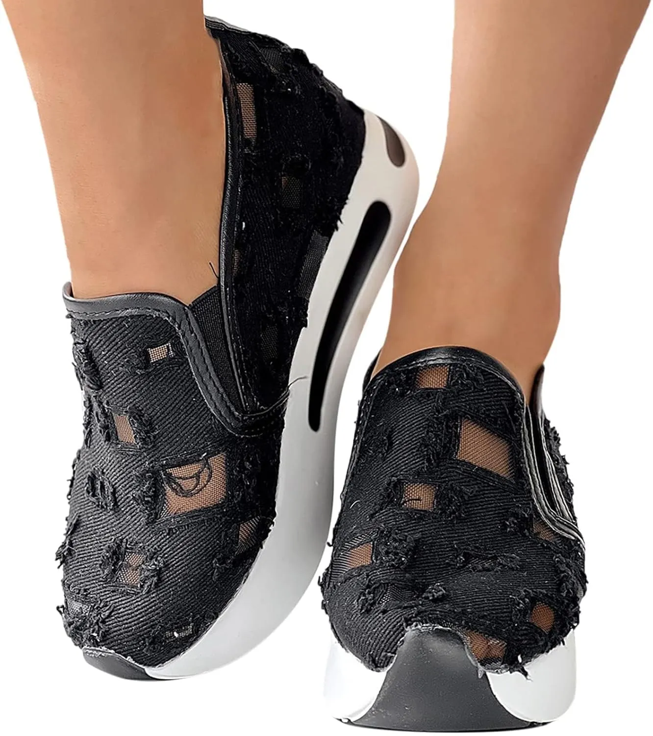 Platform Wedge Sneakers for Women Floral Embroidery Tennis Shoes Sheer Mesh High Heel Slip on Loafers Breathable Chunky Sole Sneaker Dressy Casual Shoes Comfortable Walking Shoe