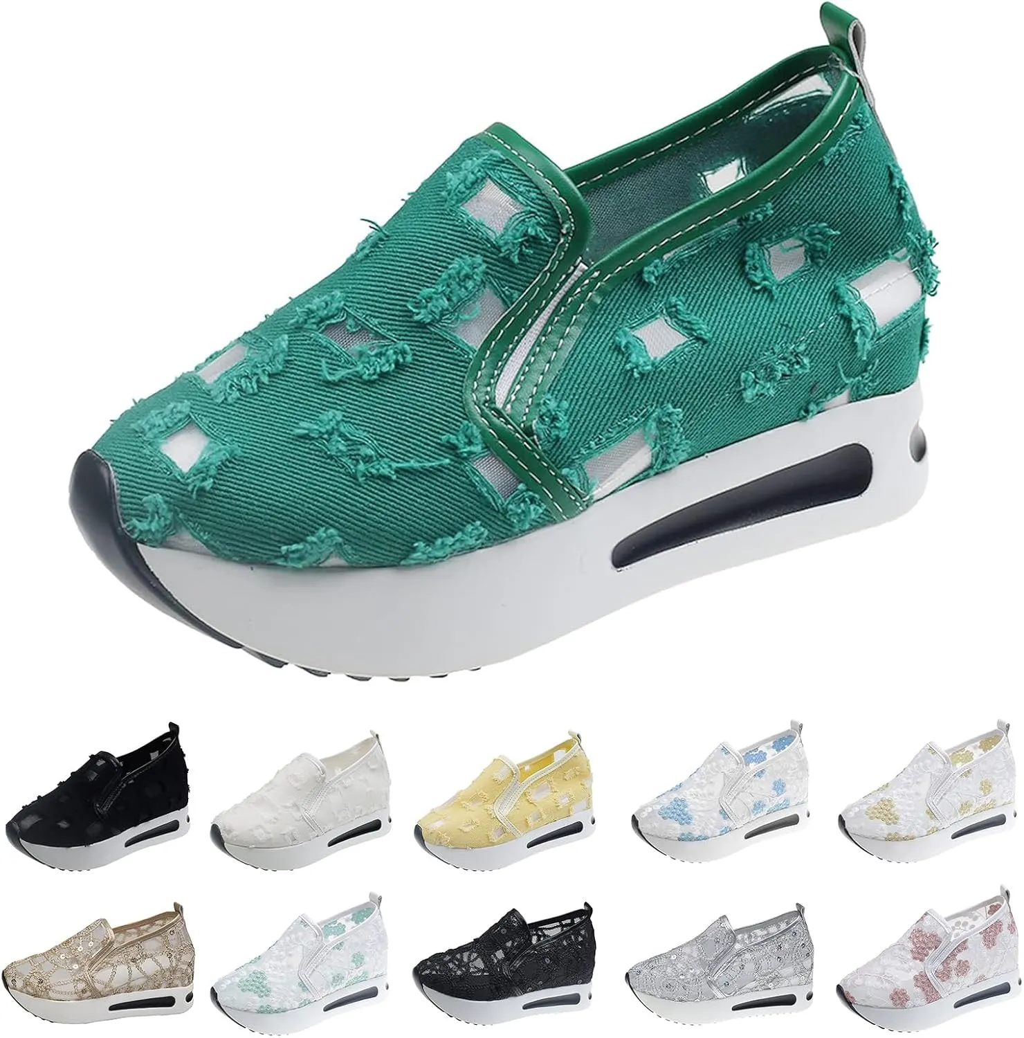 Platform Wedge Sneakers for Women Floral Embroidery Tennis Shoes Sheer Mesh High Heel Slip on Loafers Breathable Chunky Sole Sneaker Dressy Casual Shoes Comfortable Walking Shoe
