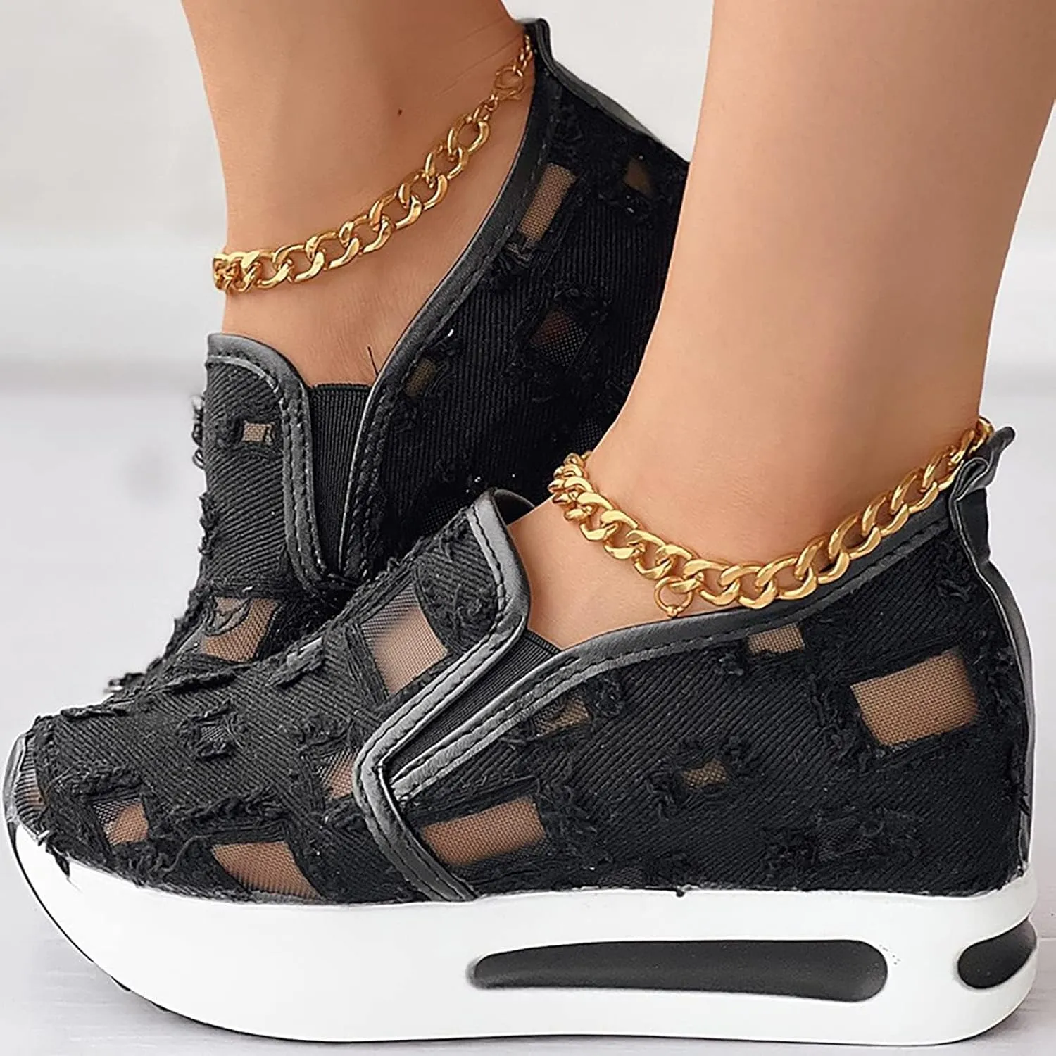 Platform Wedge Sneakers for Women Floral Embroidery Tennis Shoes Sheer Mesh High Heel Slip on Loafers Breathable Chunky Sole Sneaker Dressy Casual Shoes Comfortable Walking Shoe