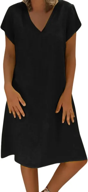 Plus Size Dress for Women Short Sleeve Cotton Linen Dress Summer Solid V-Neck Dress Vacation Boho Dress Sundress