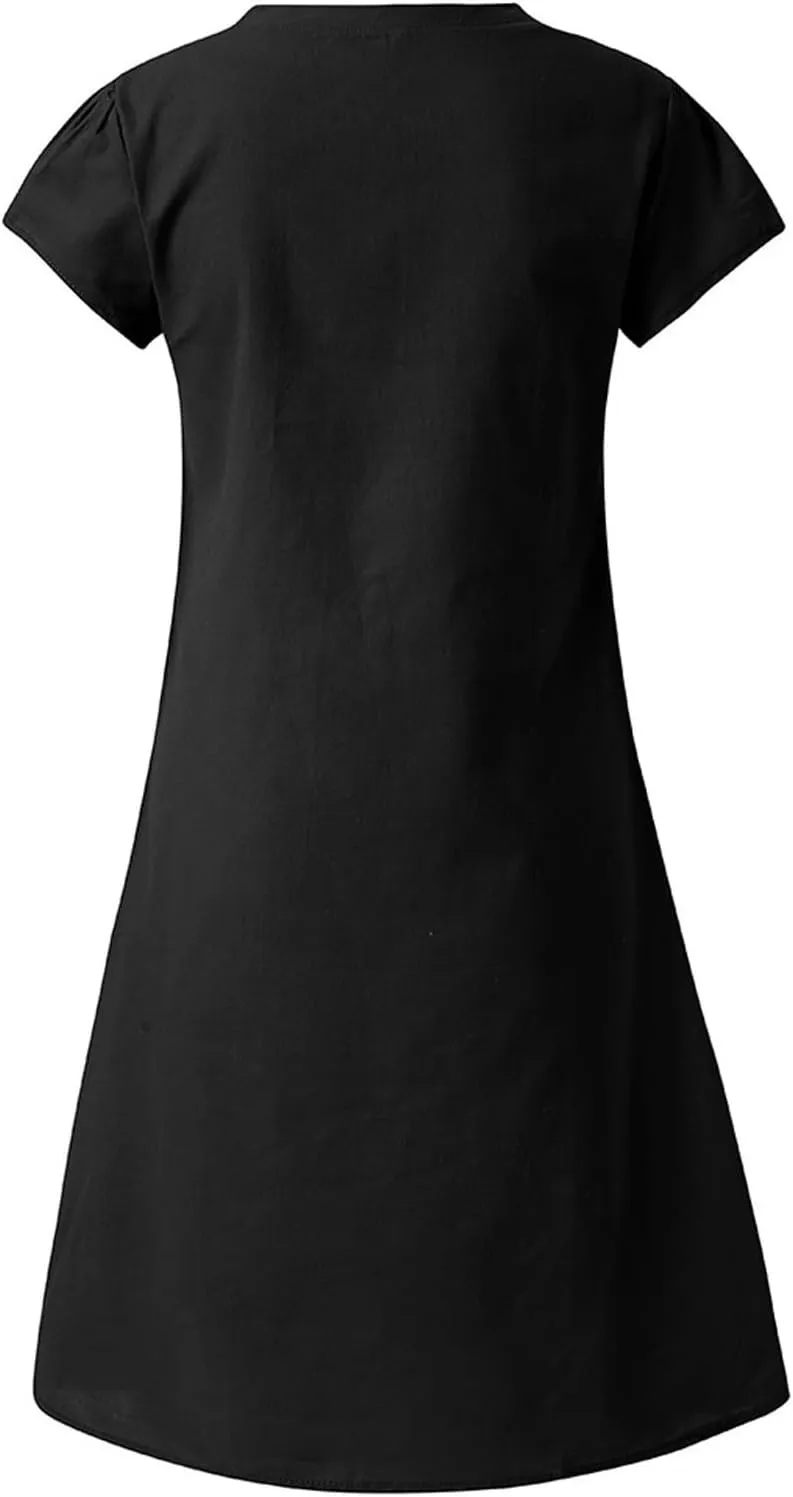 Plus Size Dress for Women Short Sleeve Cotton Linen Dress Summer Solid V-Neck Dress Vacation Boho Dress Sundress