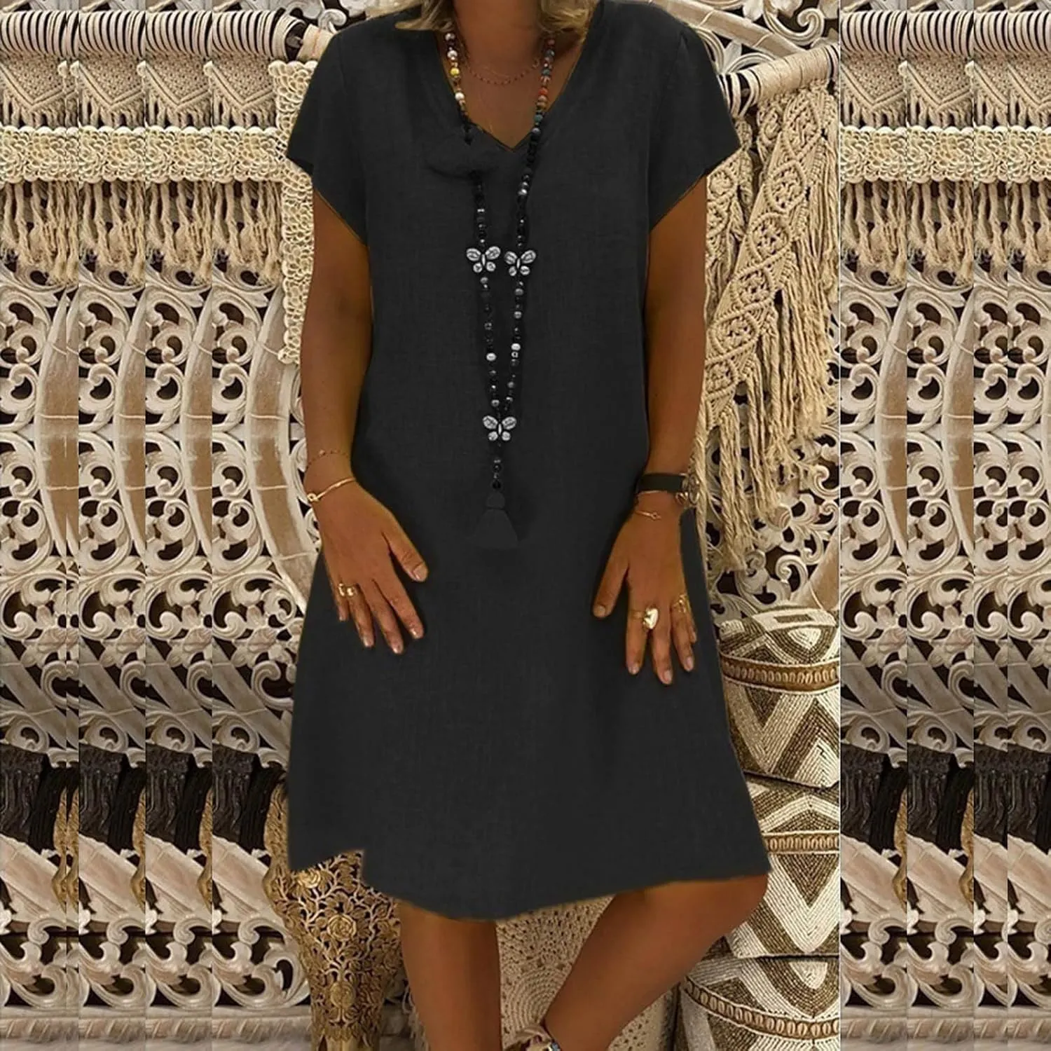 Plus Size Dress for Women Short Sleeve Cotton Linen Dress Summer Solid V-Neck Dress Vacation Boho Dress Sundress