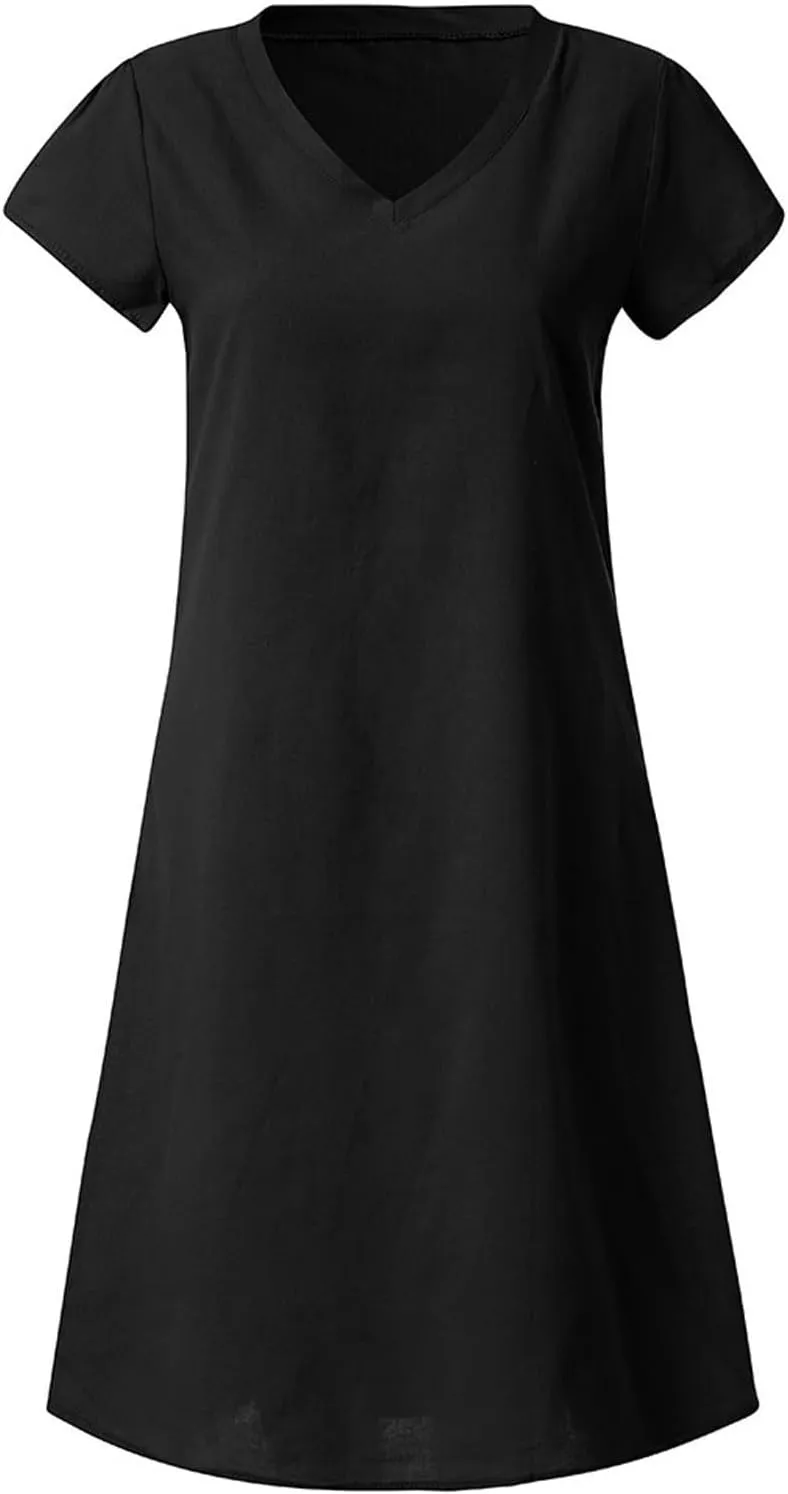 Plus Size Dress for Women Short Sleeve Cotton Linen Dress Summer Solid V-Neck Dress Vacation Boho Dress Sundress