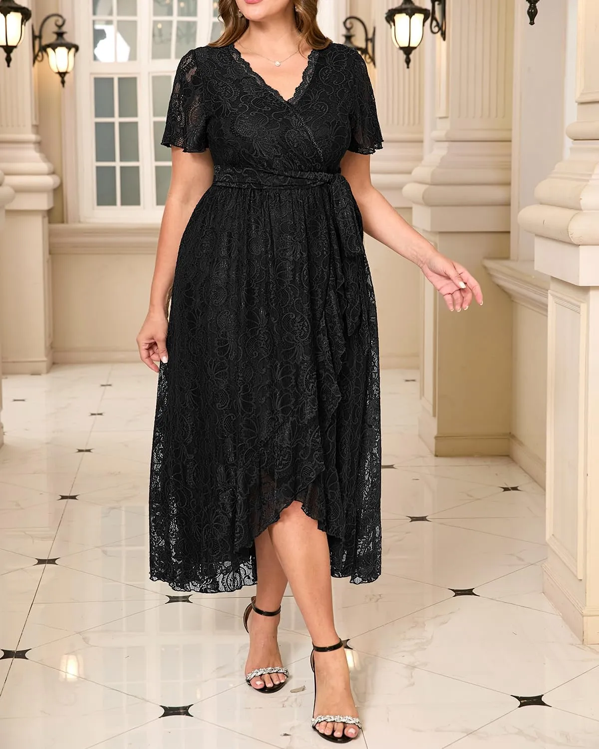 Plus Size Dresses Wedding Guest - Formal Cocktail Party Long Lace High Low Wrap V Neck Dress