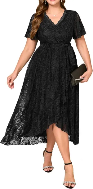 Plus Size Dresses Wedding Guest - Formal Cocktail Party Long Lace High Low Wrap V Neck Dress