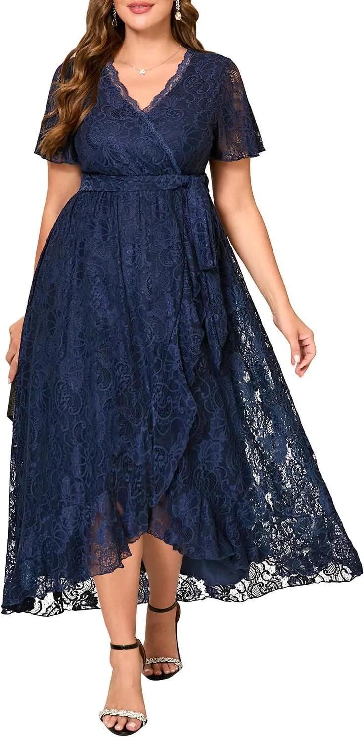 Plus Size Dresses Wedding Guest - Formal Cocktail Party Long Lace High Low Wrap V Neck Dress