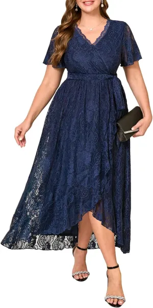 Plus Size Dresses Wedding Guest - Formal Cocktail Party Long Lace High Low Wrap V Neck Dress