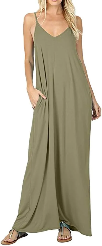 Plus Size Maxi Dress for Women's Pajamas Sleeveless V-Neck Skirt Round Neck with Pocket Long Dresses Daily Wear