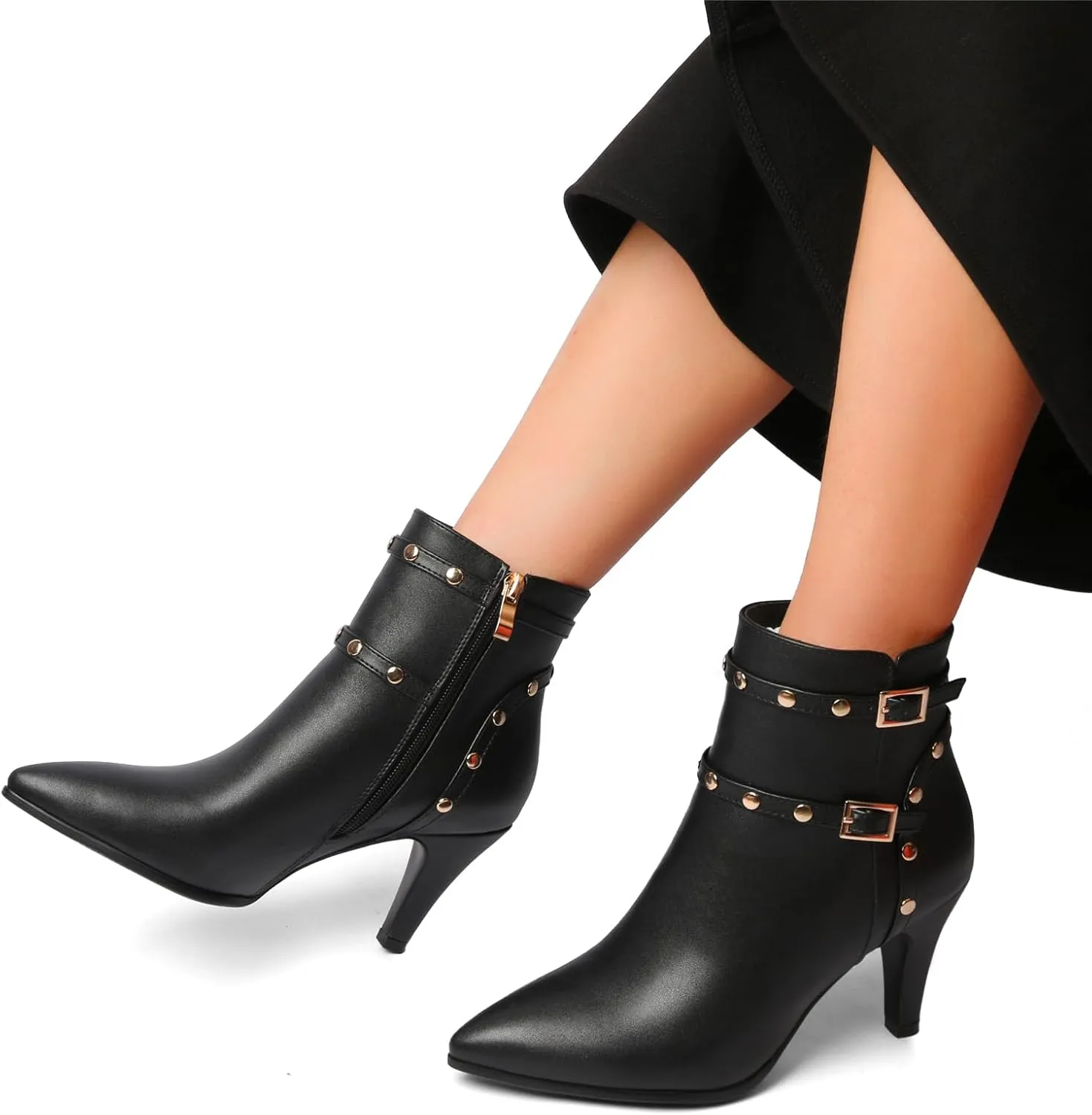 Pointed Toe Kitten Heel Boots For Women Black Booties For Women Rivets Ankle Boot Fashion Shoes
