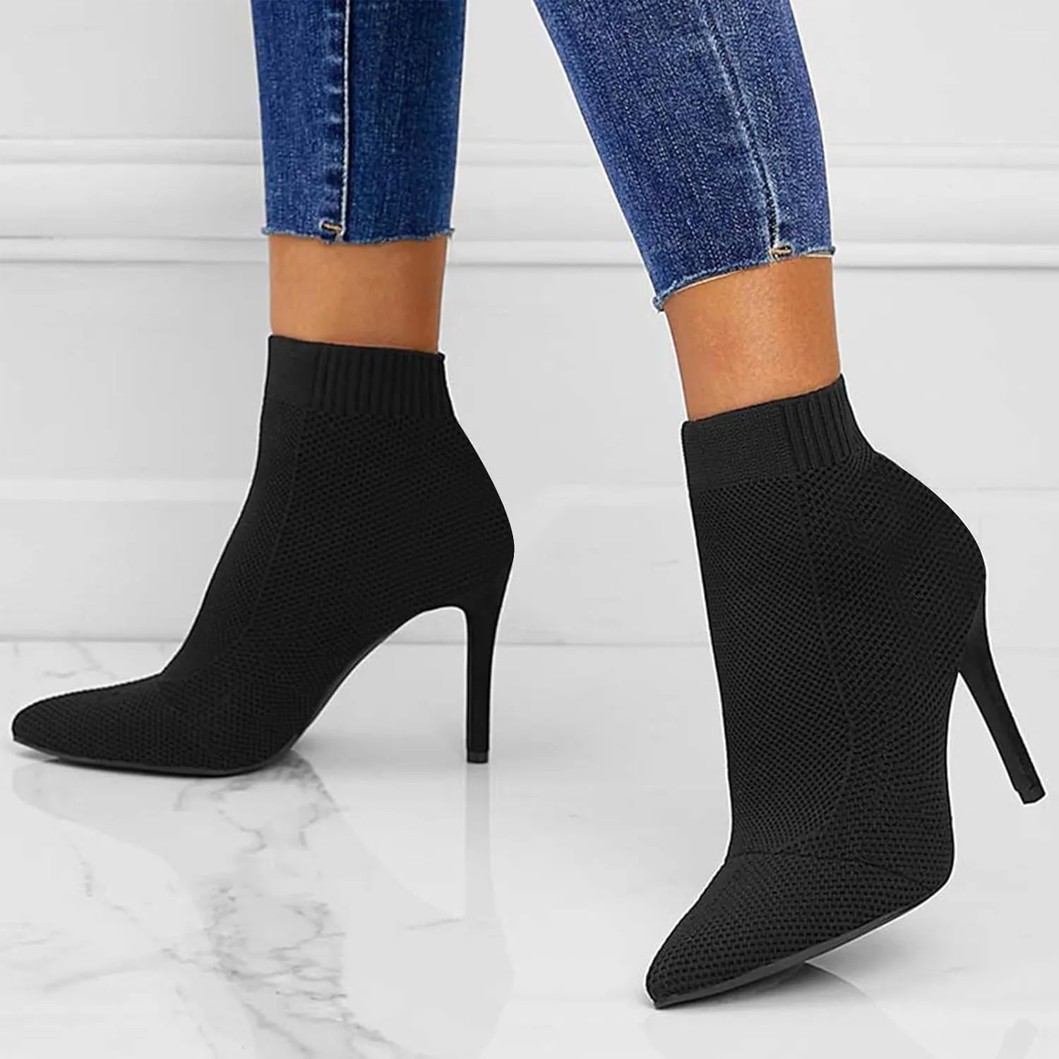 Pointed Toe Stiletto Ankle Boots for Women Trendy 4 in High Heel Sock booties