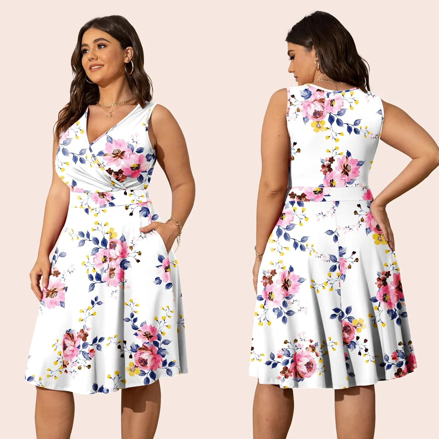POSESHE Womens Plus Size Dresses Sleeveless Wrap V-Neck Sundress Casual Summer Wedding Guest Cocktail Dress with Pockets