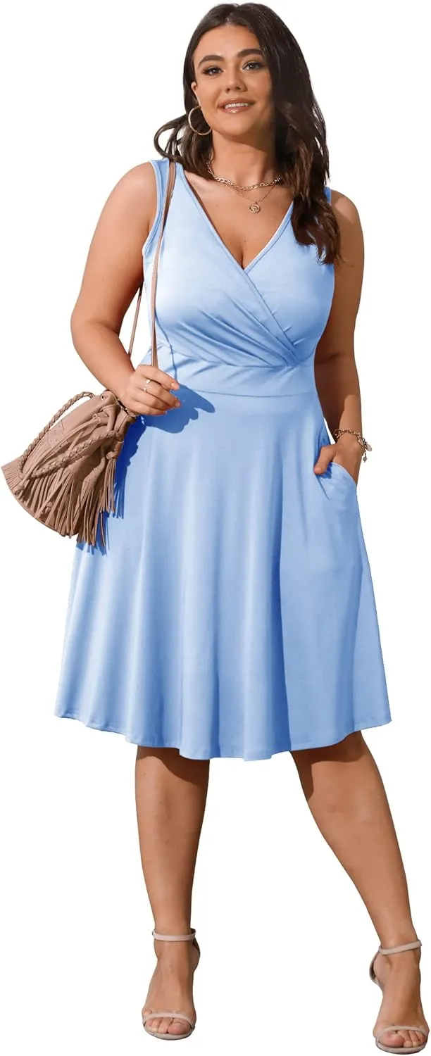 POSESHE Womens Plus Size Dresses Sleeveless Wrap V-Neck Sundress Casual Summer Wedding Guest Cocktail Dress with Pockets