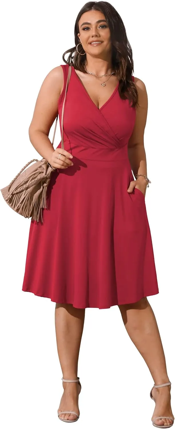 POSESHE Womens Plus Size Dresses Sleeveless Wrap V-Neck Sundress Casual Summer Wedding Guest Cocktail Dress with Pockets