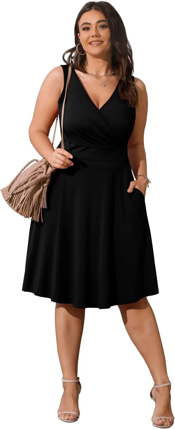 POSESHE Womens Plus Size Dresses Sleeveless Wrap V-Neck Sundress Casual Summer Wedding Guest Cocktail Dress with Pockets