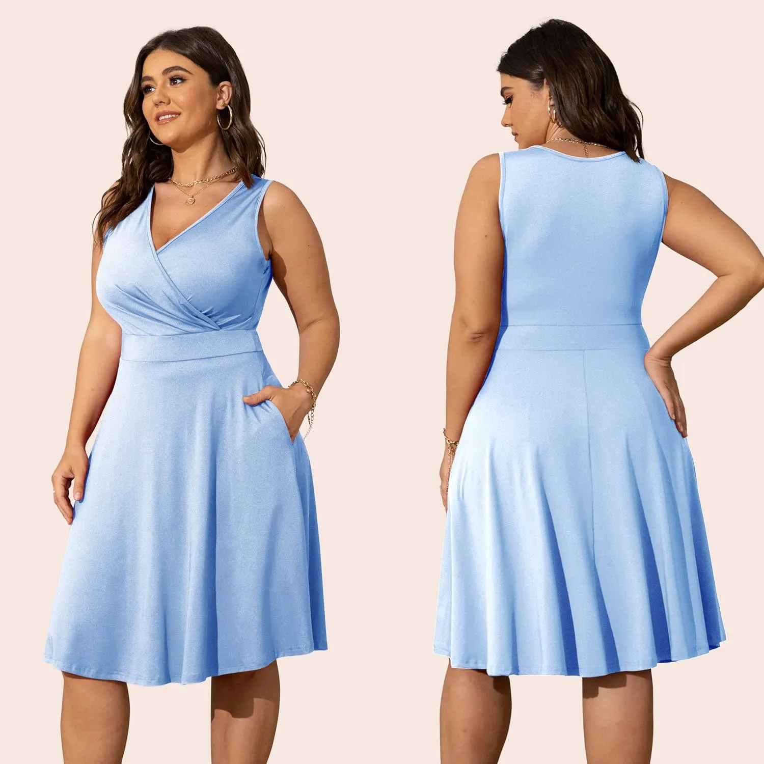 POSESHE Womens Plus Size Dresses Sleeveless Wrap V-Neck Sundress Casual Summer Wedding Guest Cocktail Dress with Pockets