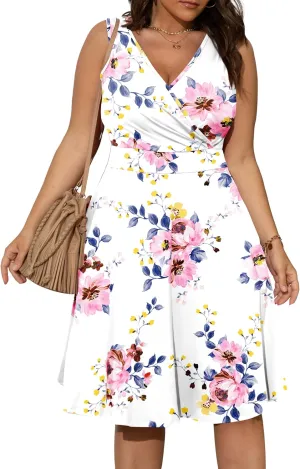 POSESHE Womens Plus Size Dresses Sleeveless Wrap V-Neck Sundress Casual Summer Wedding Guest Cocktail Dress with Pockets