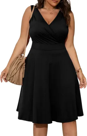 POSESHE Womens Plus Size Dresses Sleeveless Wrap V-Neck Sundress Casual Summer Wedding Guest Cocktail Dress with Pockets