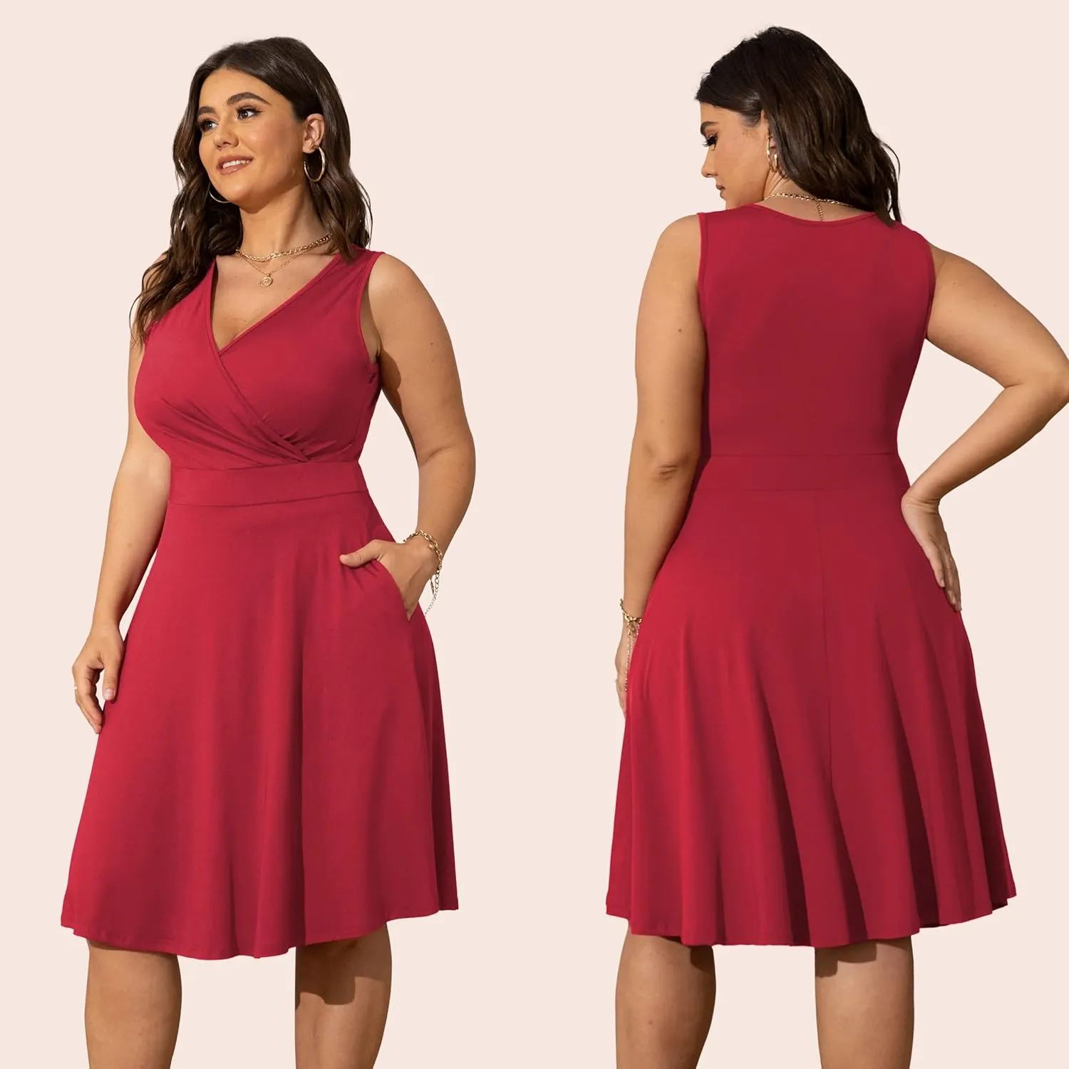 POSESHE Womens Plus Size Dresses Sleeveless Wrap V-Neck Sundress Casual Summer Wedding Guest Cocktail Dress with Pockets