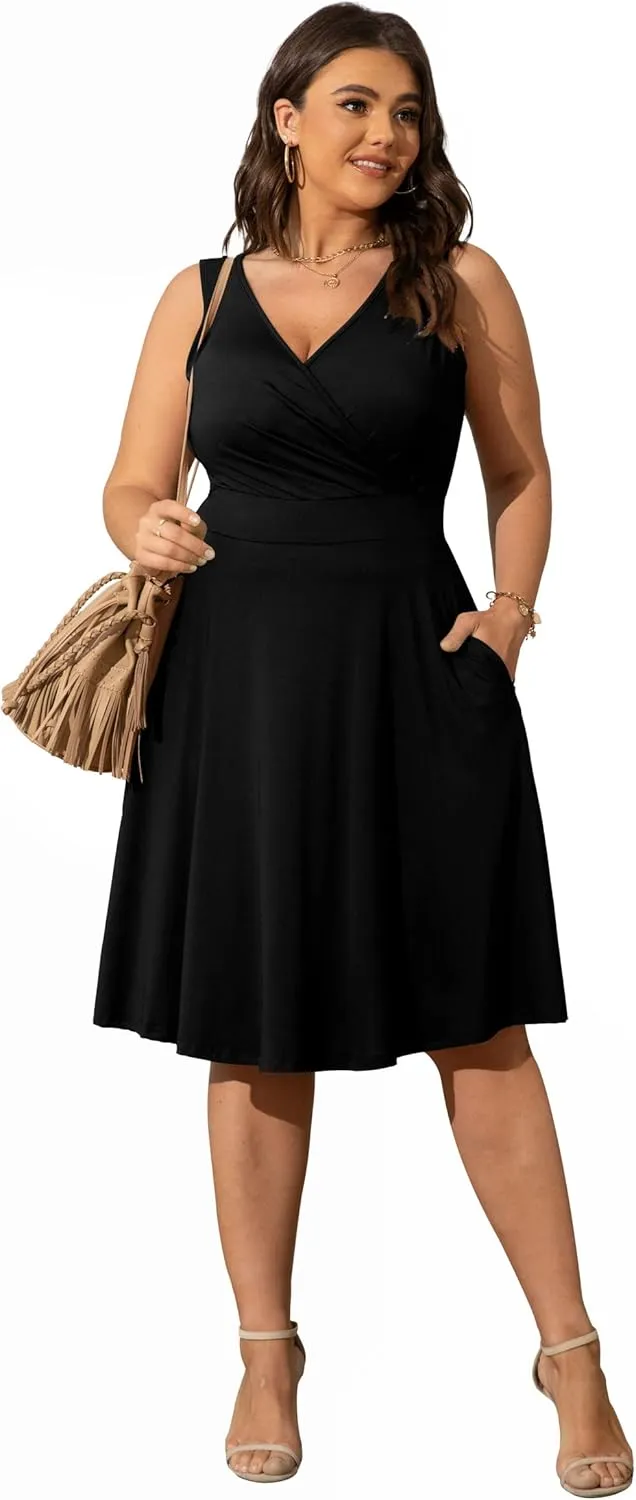POSESHE Womens Plus Size Dresses Sleeveless Wrap V-Neck Sundress Casual Summer Wedding Guest Cocktail Dress with Pockets