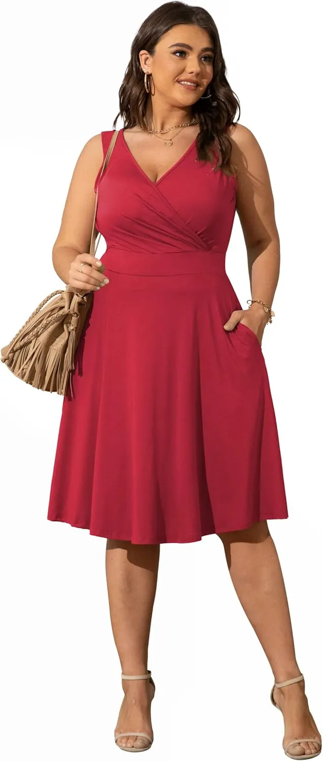 POSESHE Womens Plus Size Dresses Sleeveless Wrap V-Neck Sundress Casual Summer Wedding Guest Cocktail Dress with Pockets
