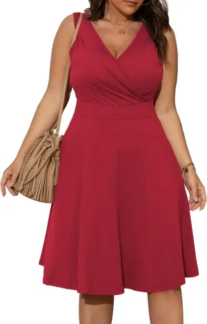 POSESHE Womens Plus Size Dresses Sleeveless Wrap V-Neck Sundress Casual Summer Wedding Guest Cocktail Dress with Pockets