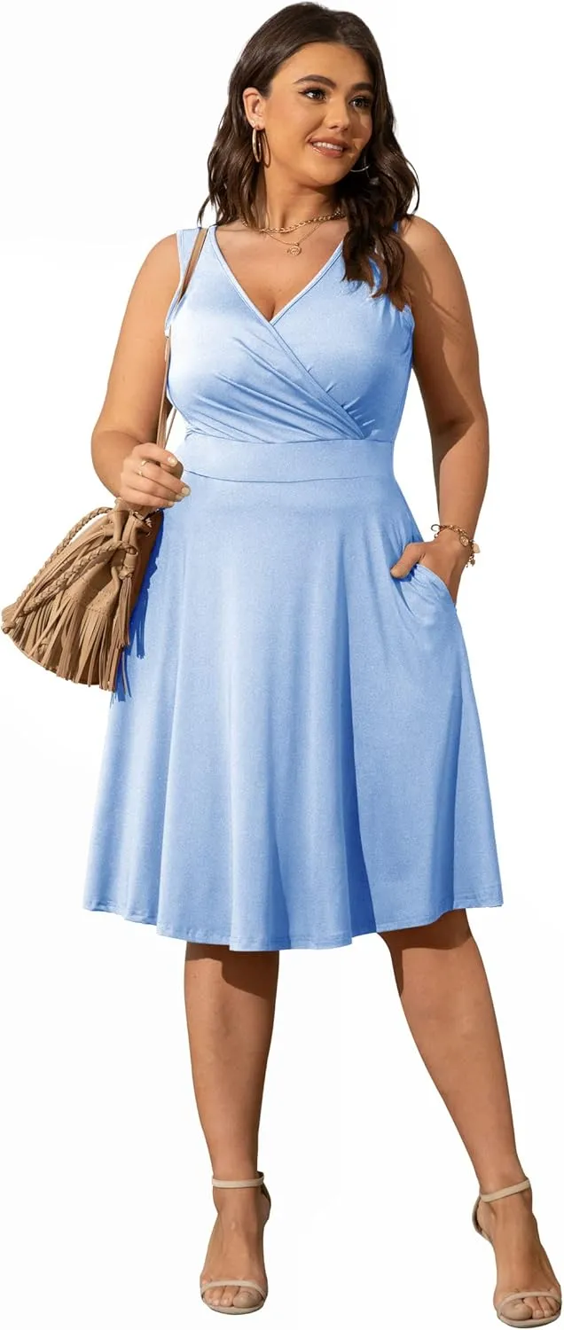 POSESHE Womens Plus Size Dresses Sleeveless Wrap V-Neck Sundress Casual Summer Wedding Guest Cocktail Dress with Pockets