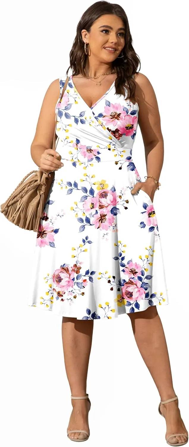 POSESHE Womens Plus Size Dresses Sleeveless Wrap V-Neck Sundress Casual Summer Wedding Guest Cocktail Dress with Pockets