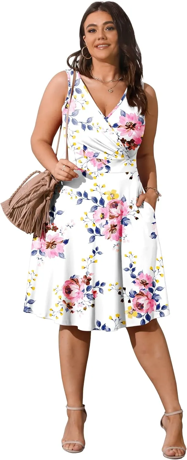 POSESHE Womens Plus Size Dresses Sleeveless Wrap V-Neck Sundress Casual Summer Wedding Guest Cocktail Dress with Pockets