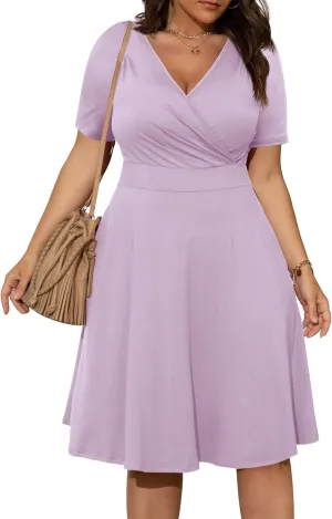 POSESHE Womens Plus Size Dresses Summer Short Sleeve Wrap V-Neck Sundress Casual Wedding Guest Cocktail Dress with Pockets