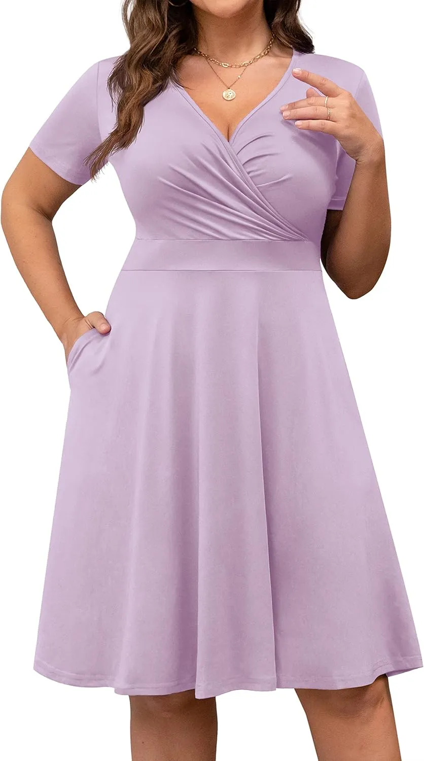 POSESHE Womens Plus Size Dresses Summer Short Sleeve Wrap V-Neck Sundress Casual Wedding Guest Cocktail Dress with Pockets