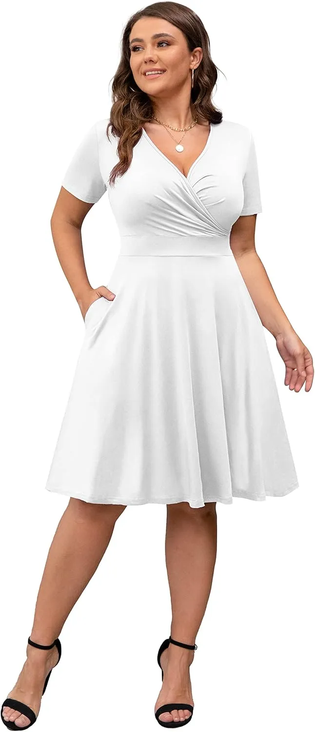 POSESHE Womens Plus Size Dresses Summer Short Sleeve Wrap V-Neck Sundress Casual Wedding Guest Cocktail Dress with Pockets