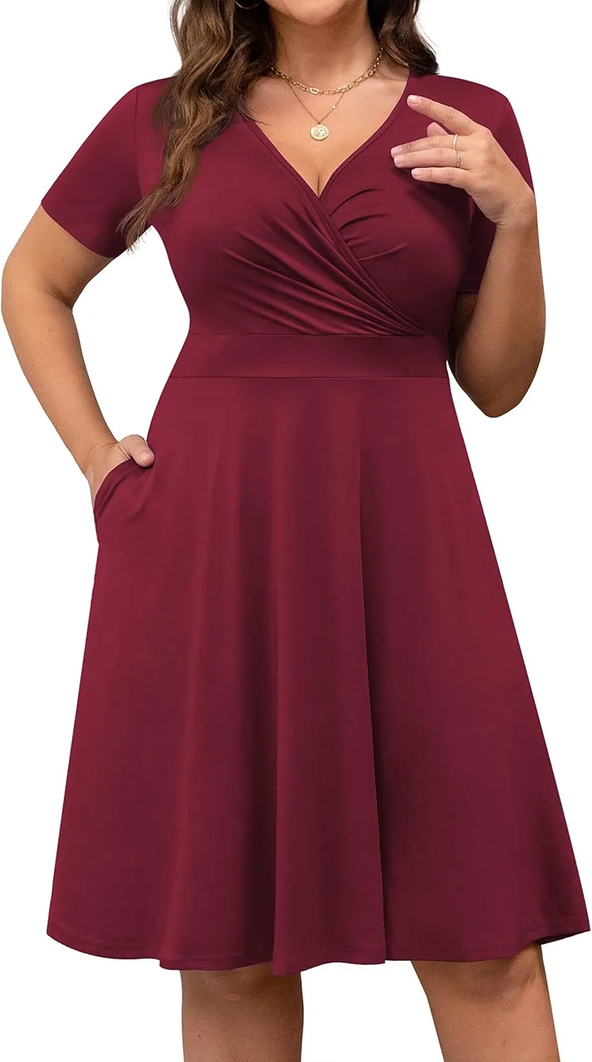 POSESHE Womens Plus Size Dresses Summer Short Sleeve Wrap V-Neck Sundress Casual Wedding Guest Cocktail Dress with Pockets