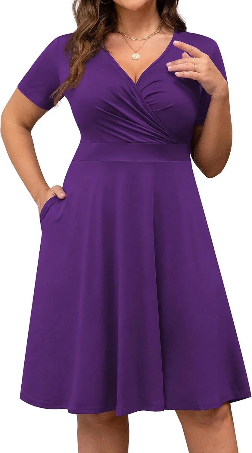 POSESHE Womens Plus Size Dresses Summer Short Sleeve Wrap V-Neck Sundress Casual Wedding Guest Cocktail Dress with Pockets