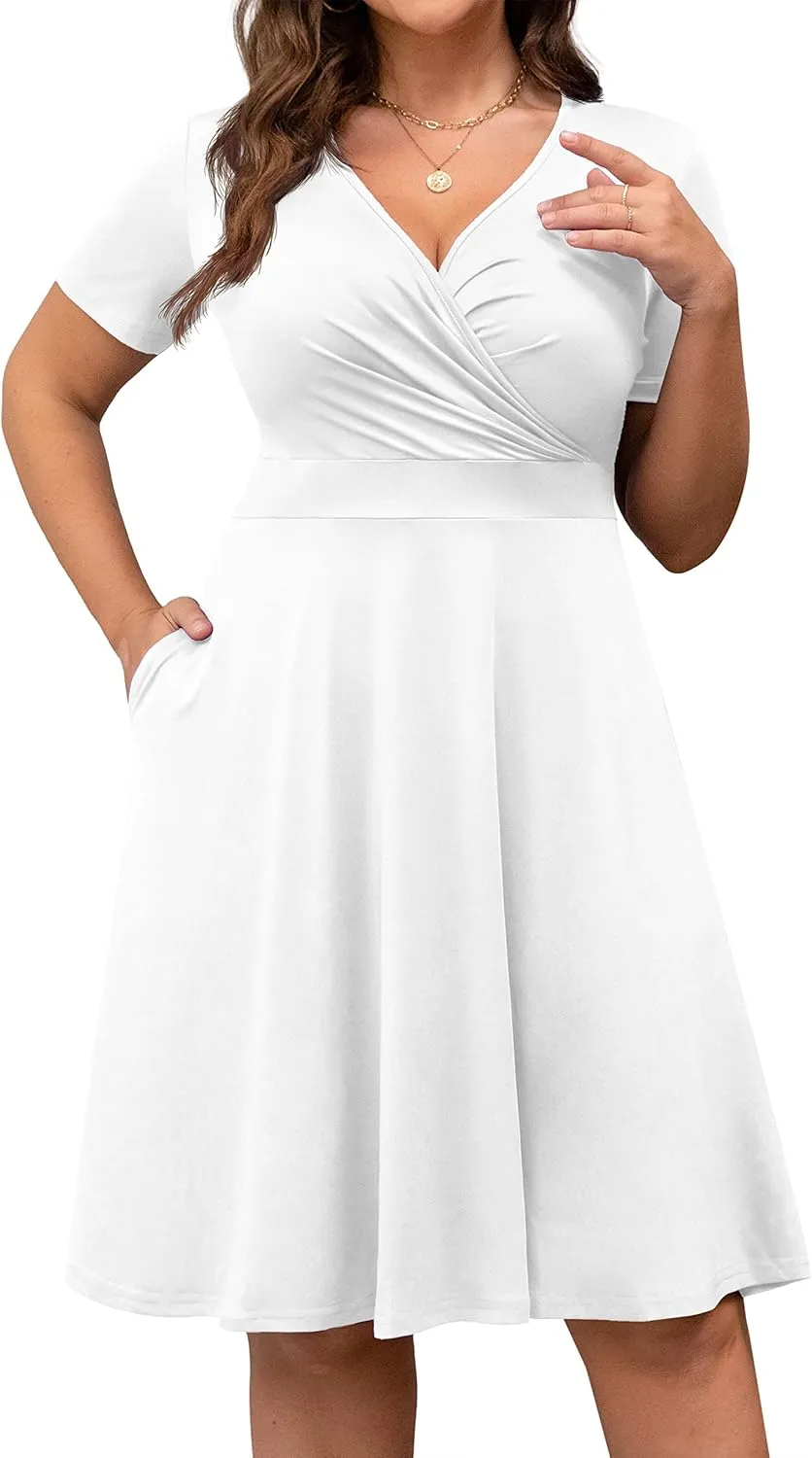 POSESHE Womens Plus Size Dresses Summer Short Sleeve Wrap V-Neck Sundress Casual Wedding Guest Cocktail Dress with Pockets
