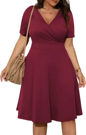 POSESHE Womens Plus Size Dresses Summer Short Sleeve Wrap V-Neck Sundress Casual Wedding Guest Cocktail Dress with Pockets